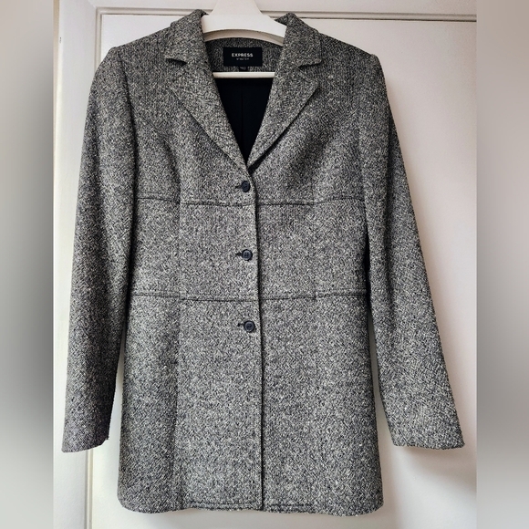 Express Vintage Stretch Black Grey White Tweed Wool Blend Blazer Jacket Size 3/4 - Picture 12 of 13